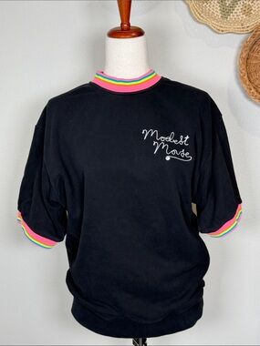 Modest Mouse Black Crew Neck Short Sleeve Pullover Sweatshirt Rainbow Knot Neon
